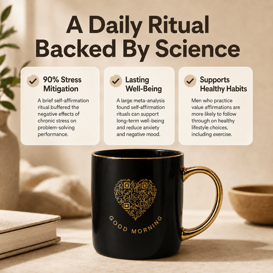 The MenKind Mug™ with a QR code that unlocks a fresh daily mindset message for men